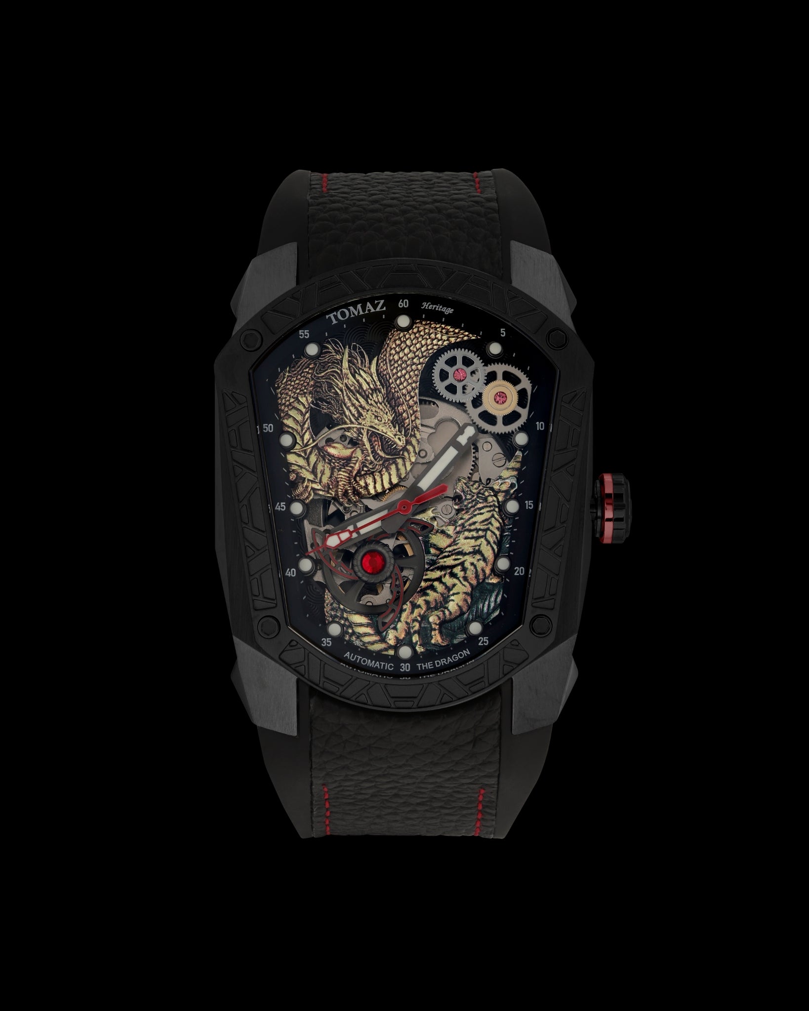 GT Dragon/Tiger TW028-ID5 (Black/Golden) with Black Rubber Leather Strap