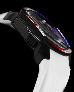 
                  
                    Load image into Gallery viewer, GT DRS Edition TW028C-D1 (Black/White) with White-Blue-Red Swarovski (White Rubber Strap)
                  
                