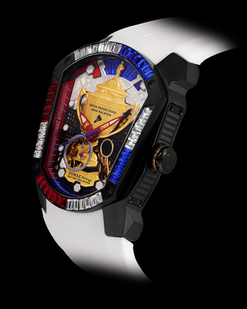 
                  
                    Load image into Gallery viewer, GT DRS Edition TW028C-D1 (Black/White) with White-Blue-Red Swarovski (White Rubber Strap)
                  
                