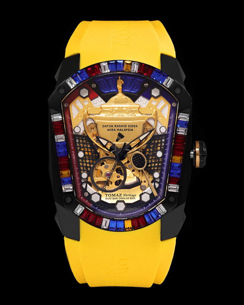 GT DRS Edition TW028C-D3 (Black/Gold) with White-Red-Blue Swarovski (Yellow Rubber Strap)