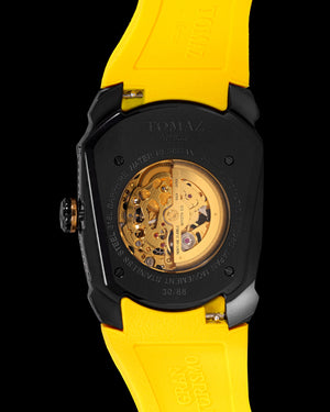 
                  
                    Load image into Gallery viewer, GT DRS Edition TW028C-D3 (Black/Gold) with White-Red-Blue Swarovski (Yellow Rubber Strap)
                  
                