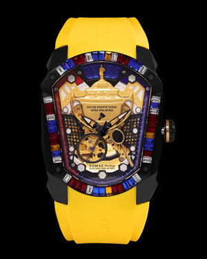 
                  
                    Load image into Gallery viewer, GT DRS Edition TW028C-D3 (Black/Gold) with White-Red-Blue Swarovski (Yellow Rubber Strap)
                  
                