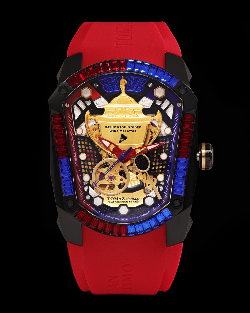 
                  
                    Load image into Gallery viewer, GT DRS Edition TW028C-D4 (Black/Red/Blue) with Red-Blue Swarovski (Red Rubber Strap)
                  
                