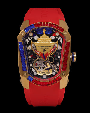 
                  
                    Load image into Gallery viewer, GT DRS Edition TW028C-D8 (Gold/Red/Blue) with Red-Blue Swarovski (Red Rubber Strap)
                  
                