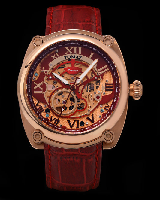 Xavier Automatic TW030-D14 (Rosegold/Red) Red Bamboo Leather Strap