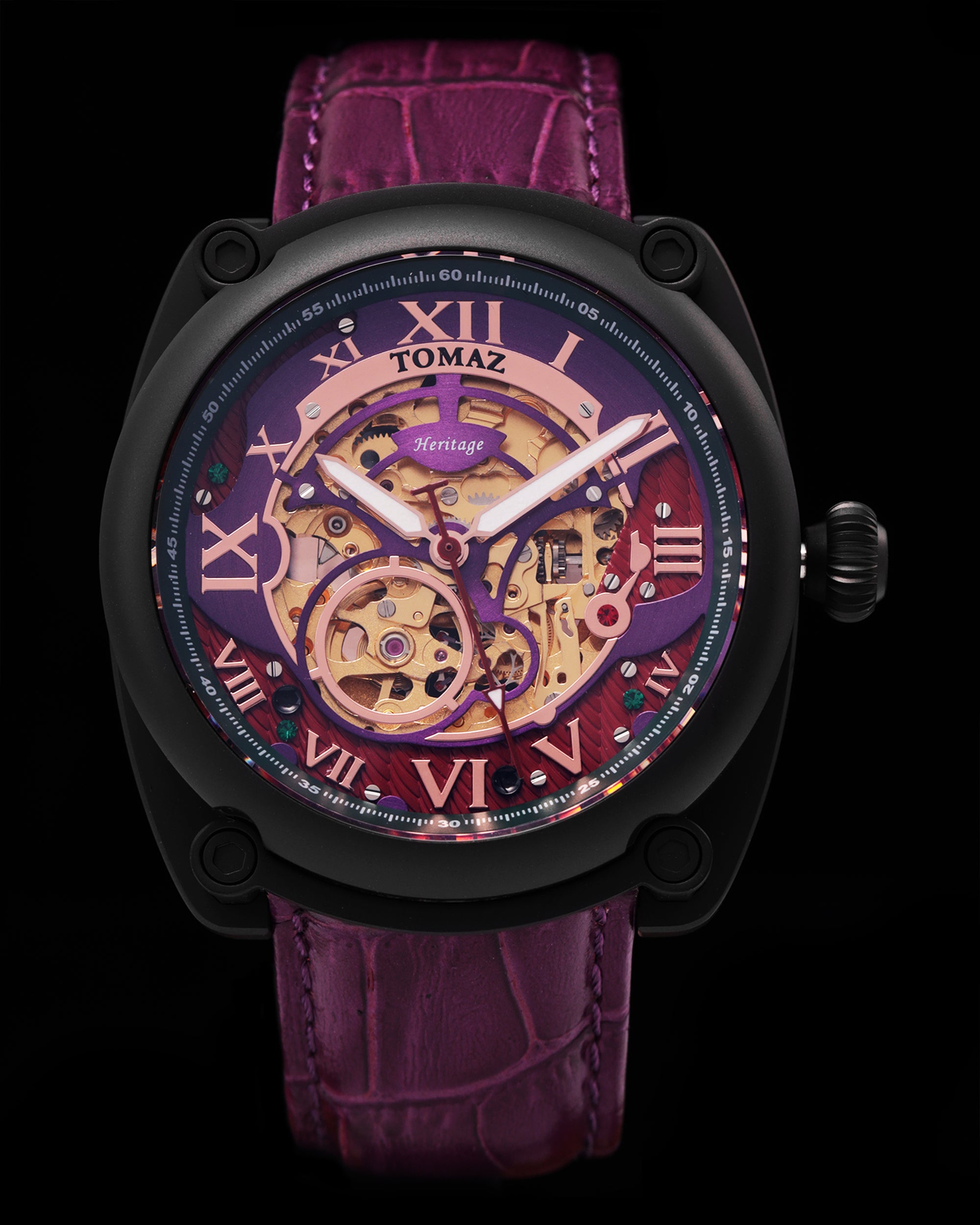 Xavier Automatic TW030-D15 (Black/Purple) Purple Bamboo Leather Strap