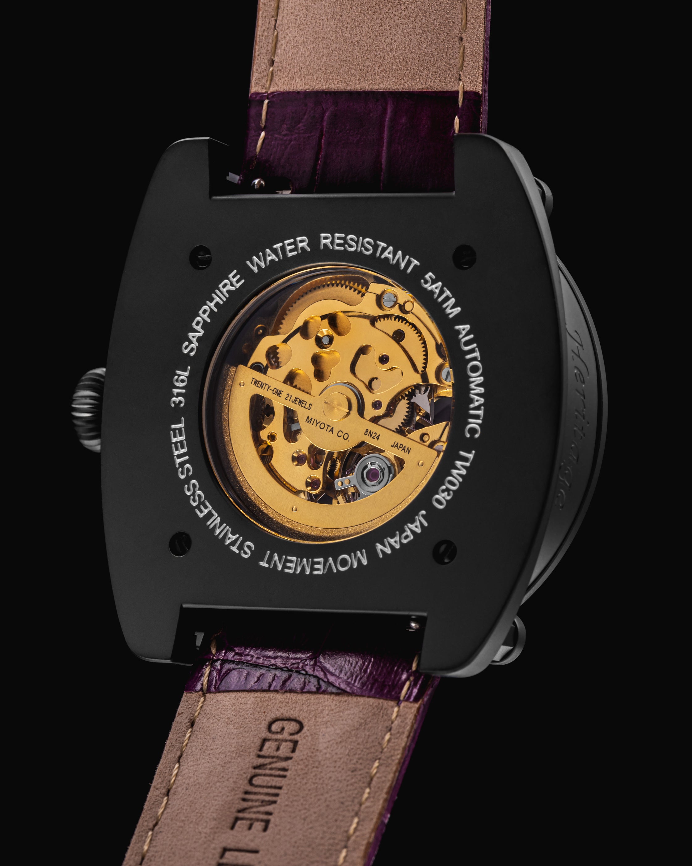 Xavier Automatic TW030-D15 (Black/Purple) Purple Bamboo Leather Strap