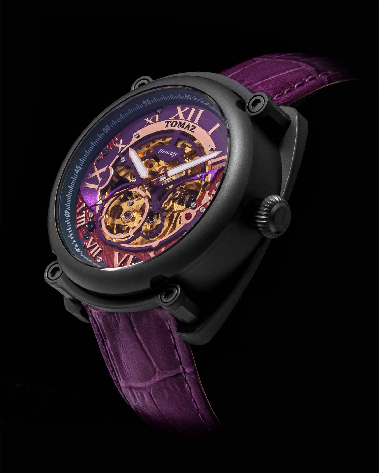 Xavier Automatic TW030-D15 (Black/Purple) Purple Bamboo Leather Strap