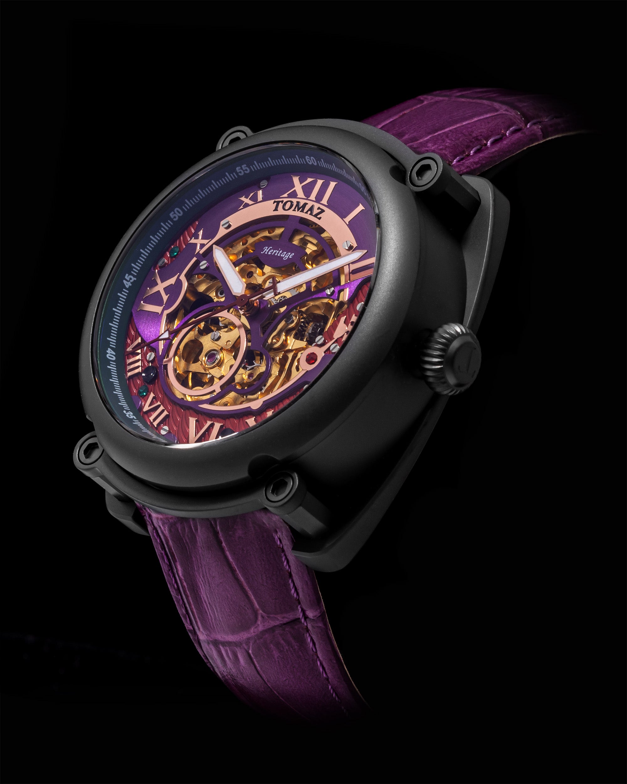 Xavier Automatic TW030-D15 (Black/Purple) Purple Bamboo Leather Strap