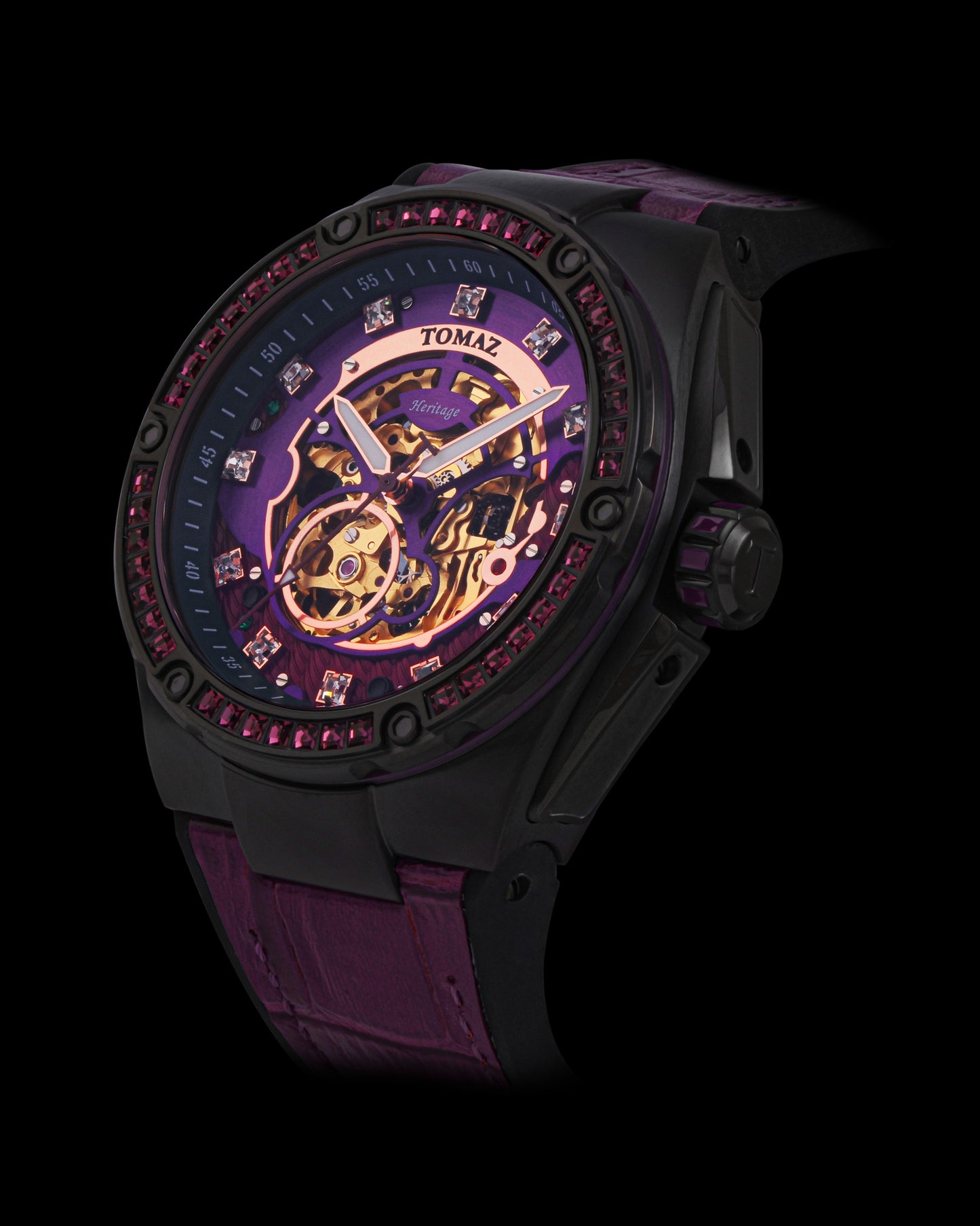 Xavier XL TW033-D1A (Black/Purple) with Purple Swarovski (Purple Bamboo Leather Strap)