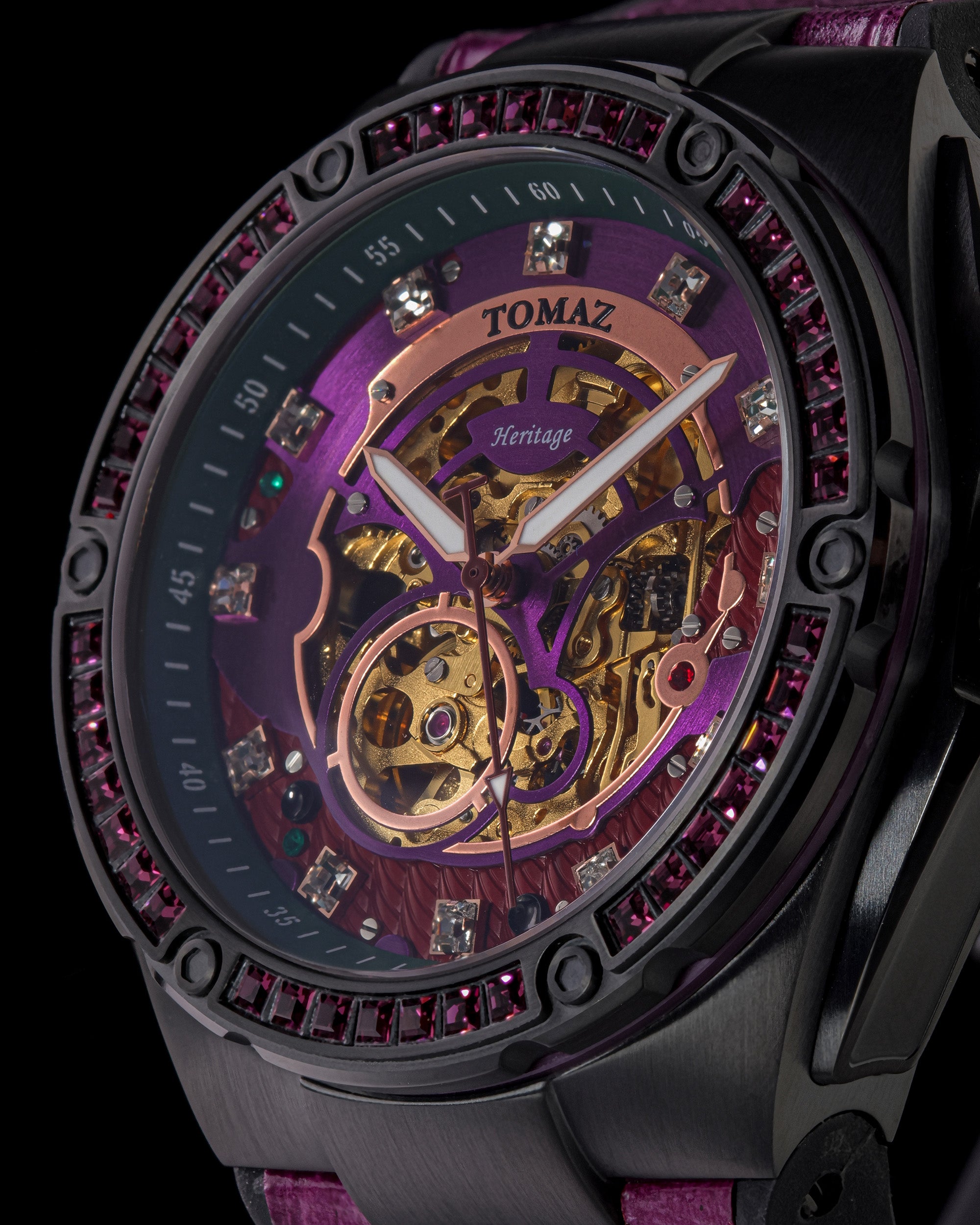 Xavier XL TW033-D1A (Black/Purple) with Purple Swarovski (Purple Bamboo Leather Strap)