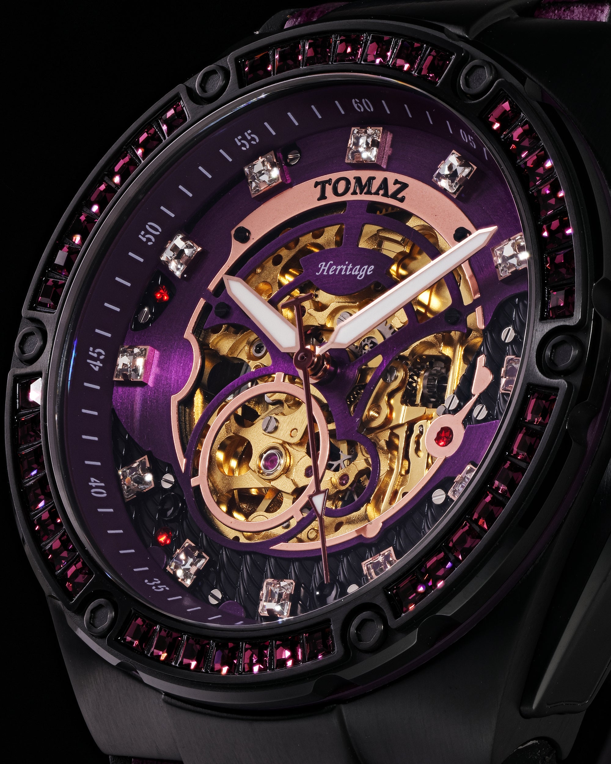 Xavier XL TW033-D2 (Black/Purple) with Purple Swarovski (Purple Bamboo Leather Strap)