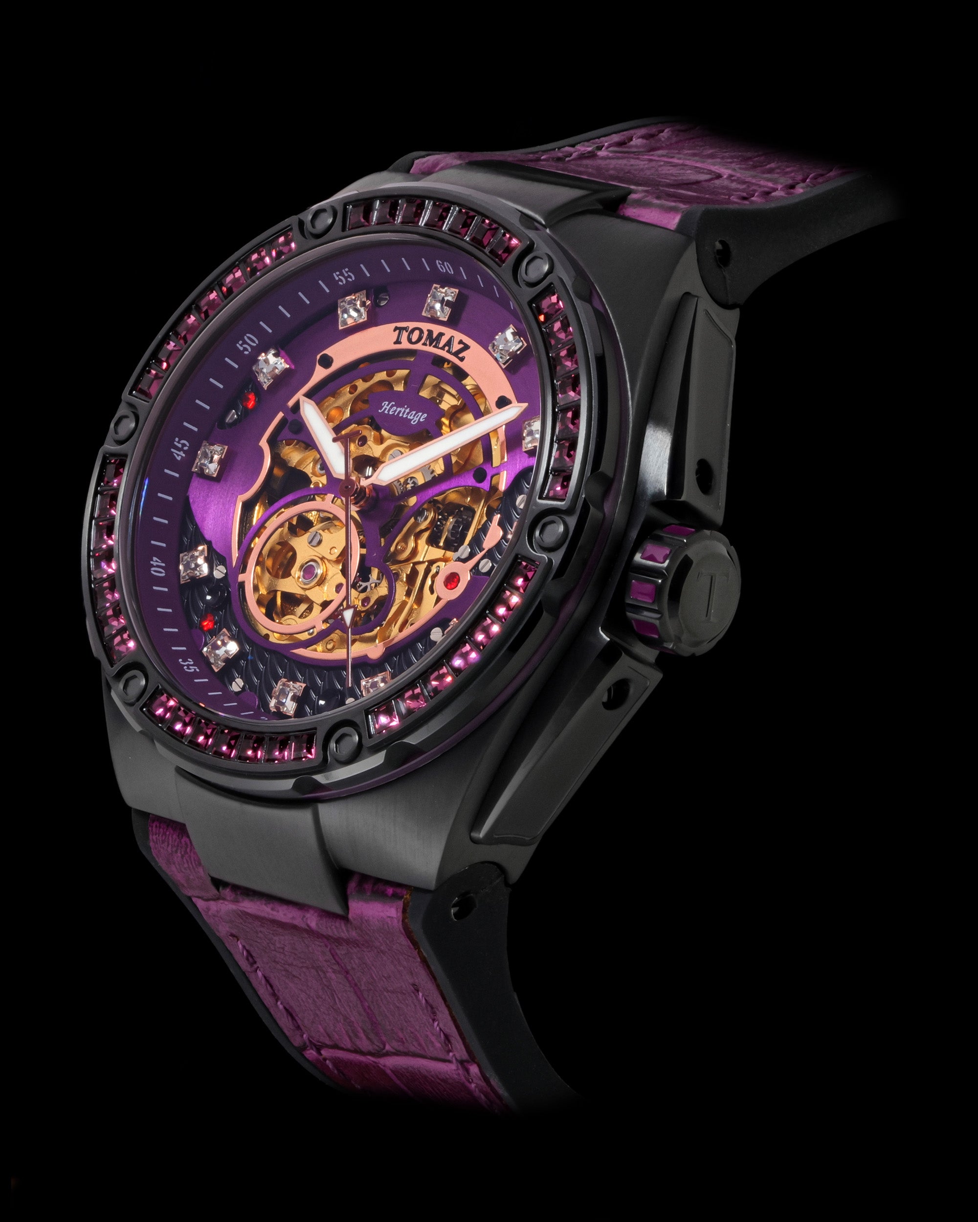 Xavier XL TW033-D2 (Black/Purple) with Purple Swarovski (Purple Bamboo Leather Strap)