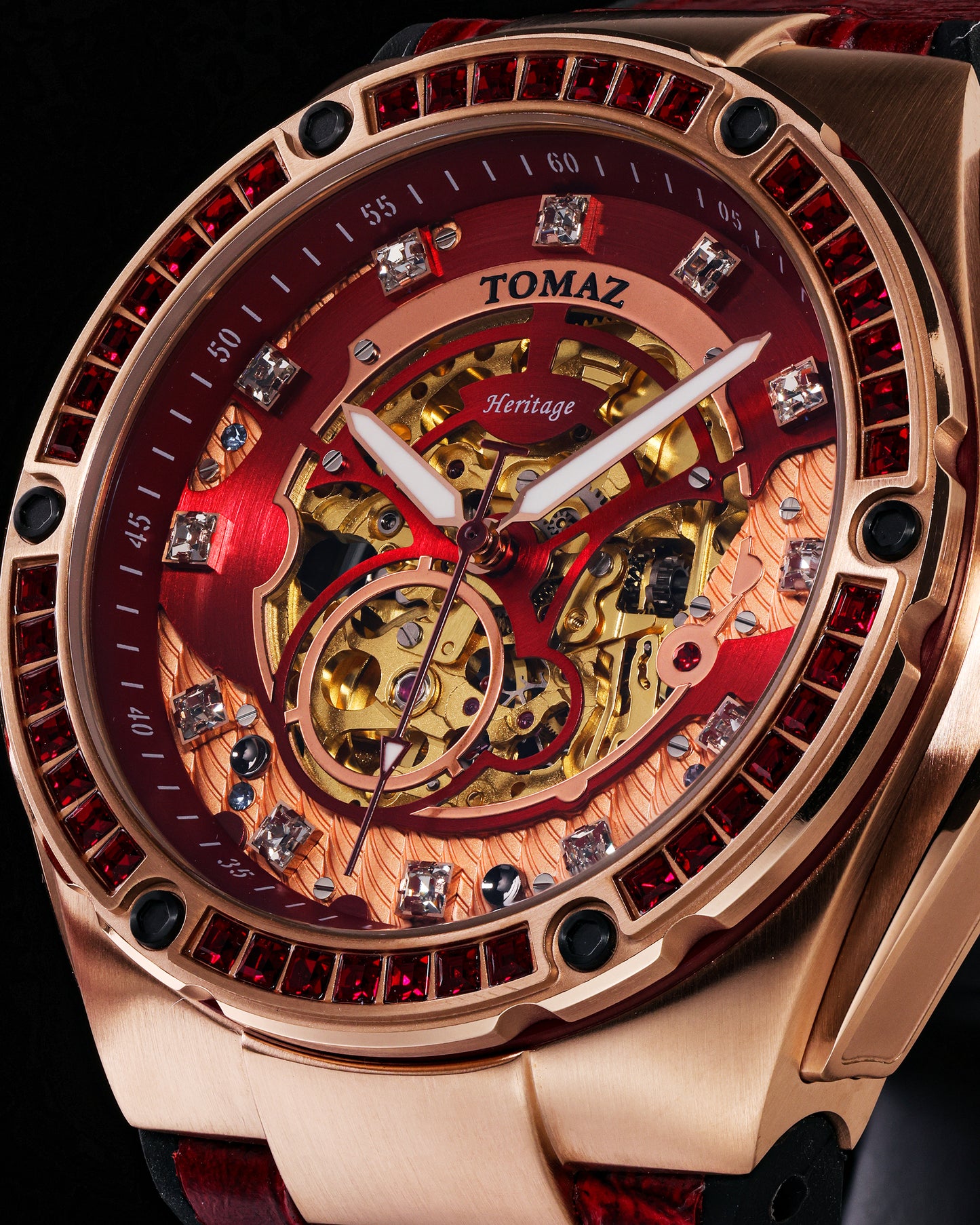 Xavier XL TW033-D3 (Rosegold/Red) with Red Swarovski (Red Bamboo Leather Strap)