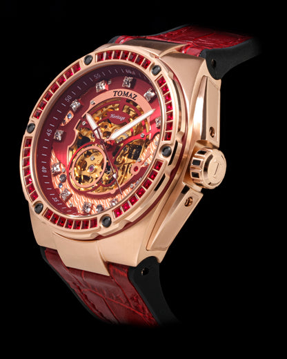 Xavier XL TW033-D3 (Rosegold/Red) with Red Swarovski (Red Bamboo Leather Strap)