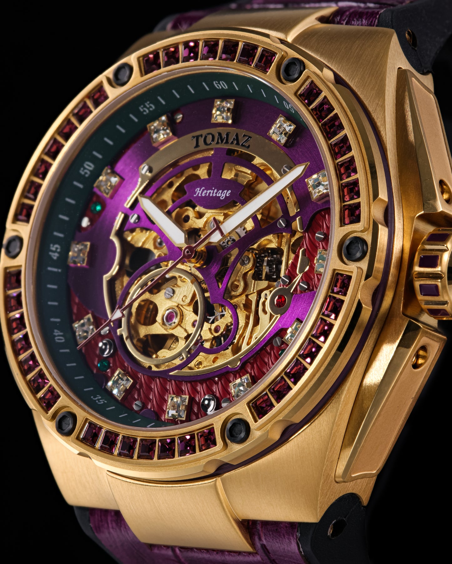 Xavier XL TW033-D6 (Gold/Purple) with Purple Swarovski (Purple Bamboo Leather  Strap)