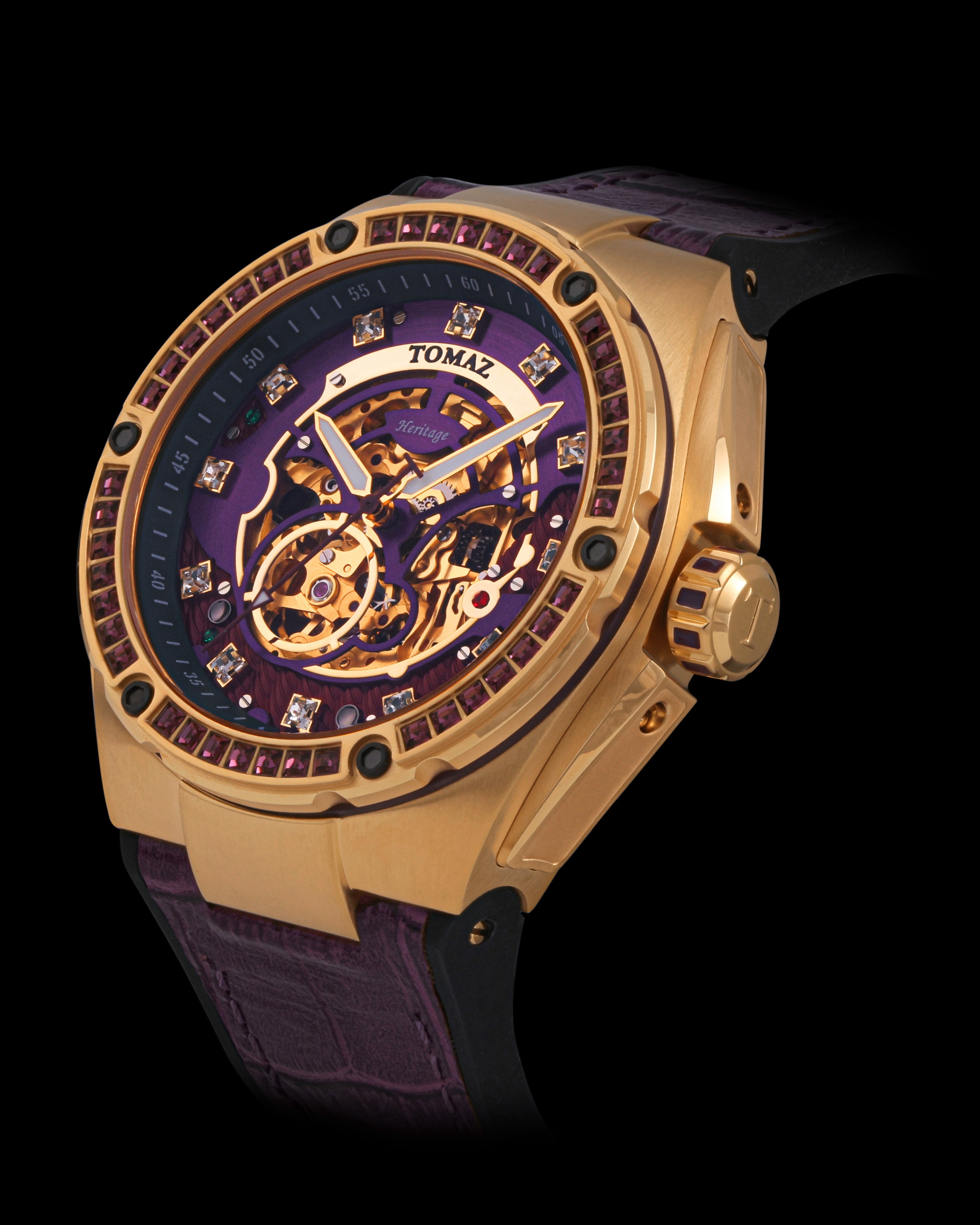 Xavier XL TW033-D6 (Gold/Purple) with Purple Swarovski (Purple Bamboo Leather  Strap)