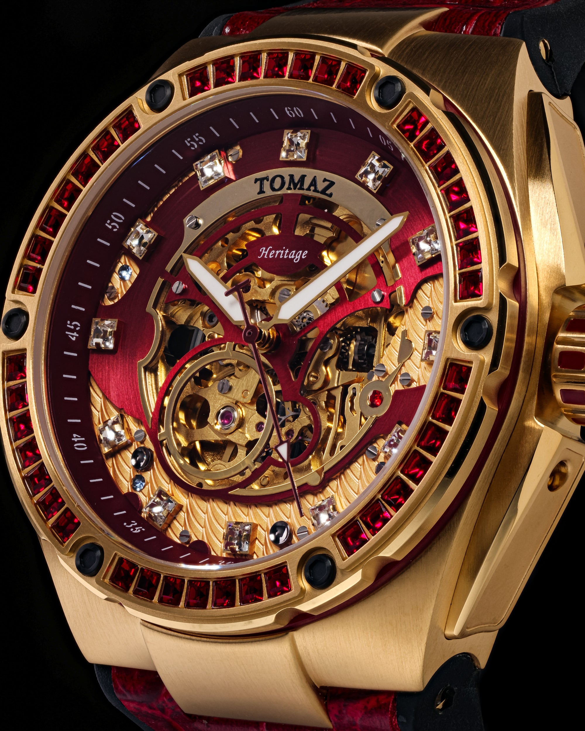 Xavier XL TW033-D7 (Gold/Red) with Red Swarovski (Red Bamboo Leather Strap)