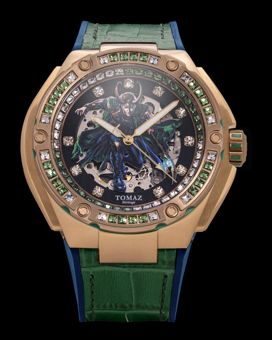 Marvel Loki TW037-CD2 (Rosegold/Black) with Green White Swarovski Crystal (Green Leather Bamboo with Silicone Strap)