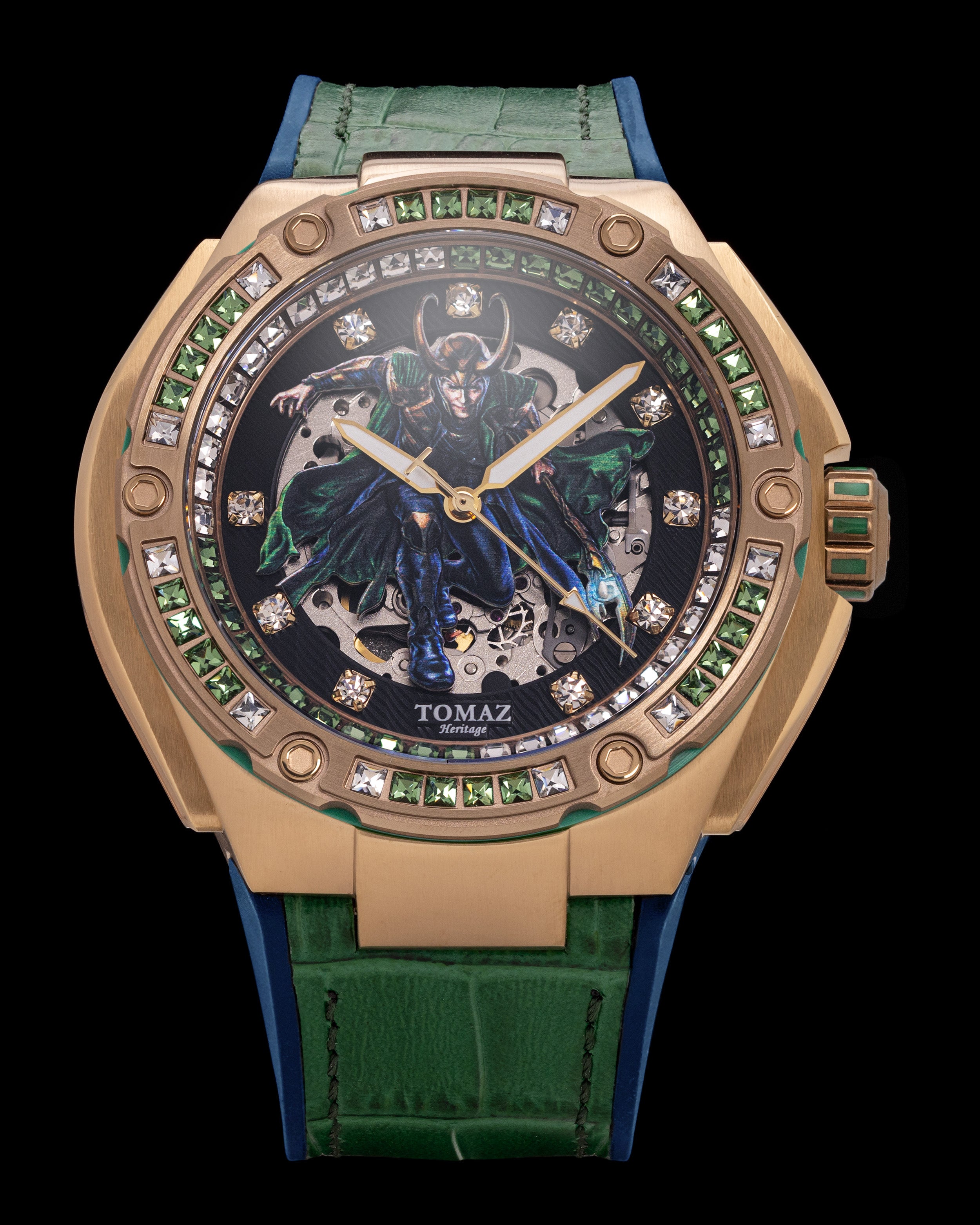 Marvel Loki TW037-CD2 (Rosegold/Black) with Green White Crystal (Green Leather Bamboo with Silicone Strap)