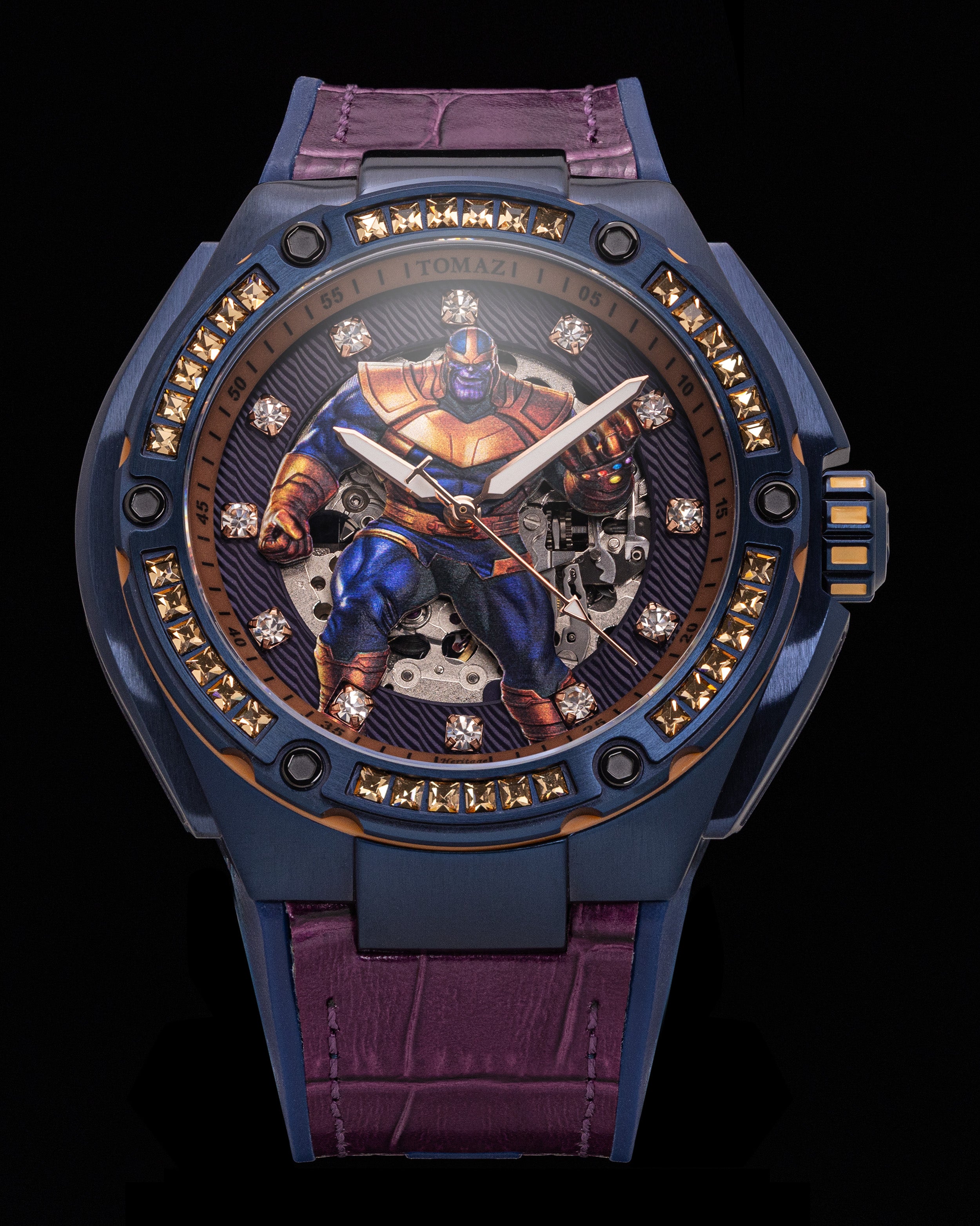 Marvel Thanos TW037-GD1 (Blue/Yellow) with Yellow Swarovski Crystal (Maroon Leather Bamboo with Silicone Strap)