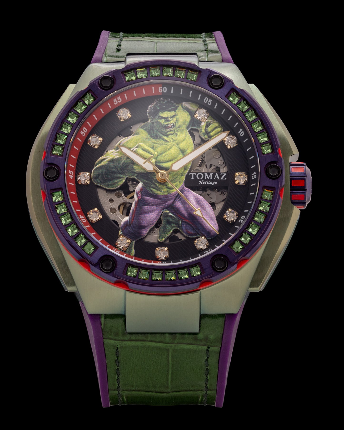 Marvel Hulk TW037-OD2 (Green/Purple) with Green Swarovski Crystal (Green Bamboo Silicone with Leather Bamboo Strap)