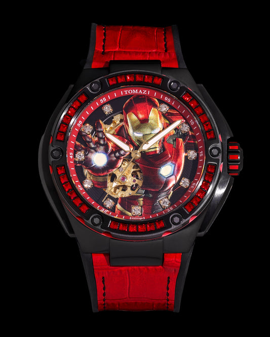 Marvel Iron Man TW037A-D1 (Black/Red) with Red Swarovski Crystal (Red Silicone with Leather Bamboo Strap)
