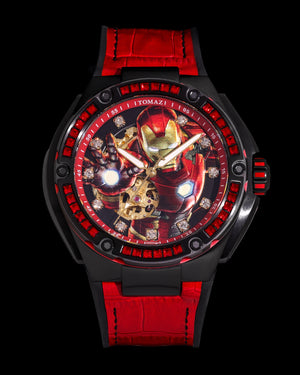 
                  
                    Load image into Gallery viewer, Marvel Iron Man TW037A-D1 (Black/Red) with Red Swarovski Crystal (Red Silicone with Leather Bamboo Strap)
                  
                