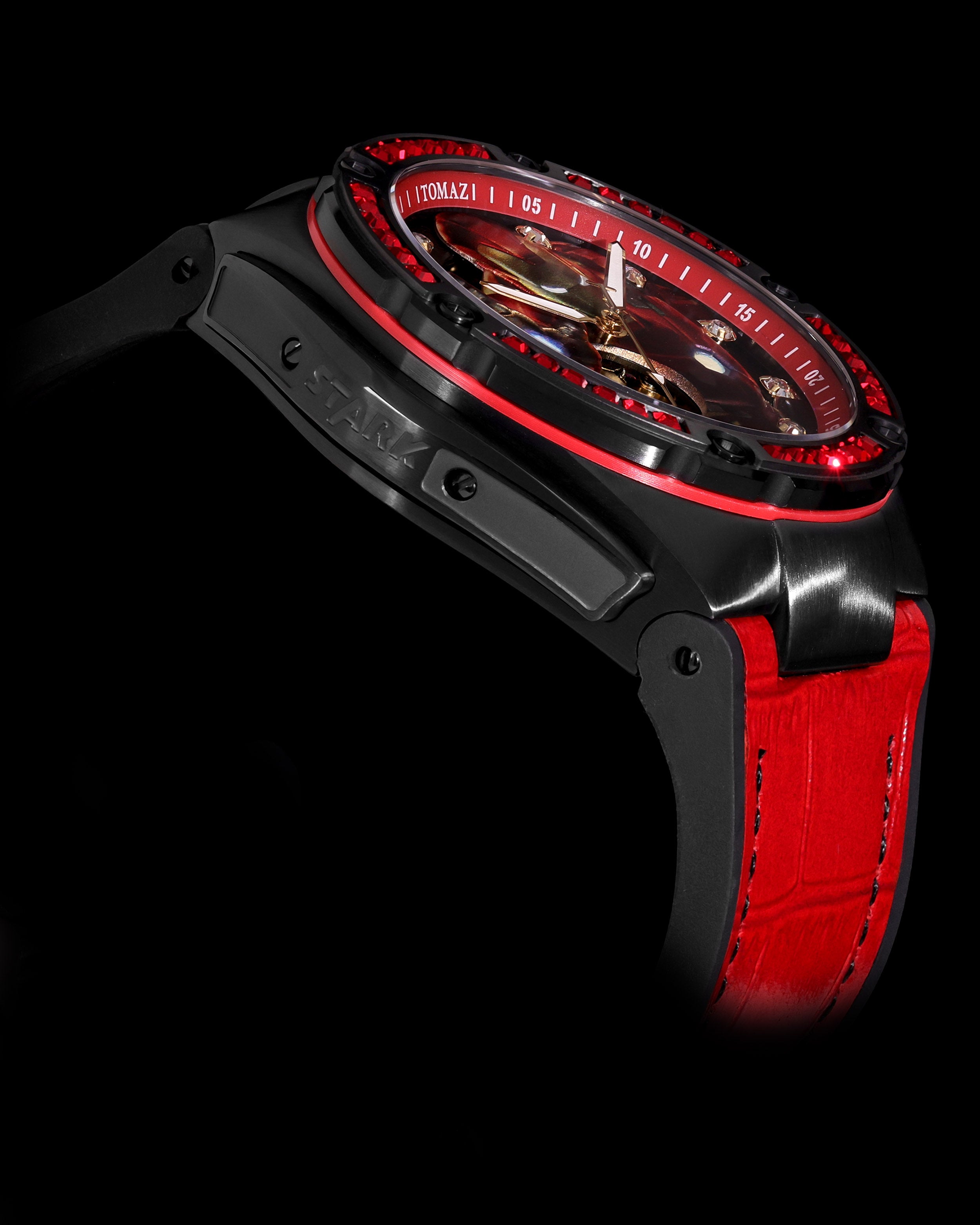 Marvel Iron Man TW037A-D1 (Black/Red) with Red Swarovski Crystal (Red Silicone with Leather Bamboo Strap)