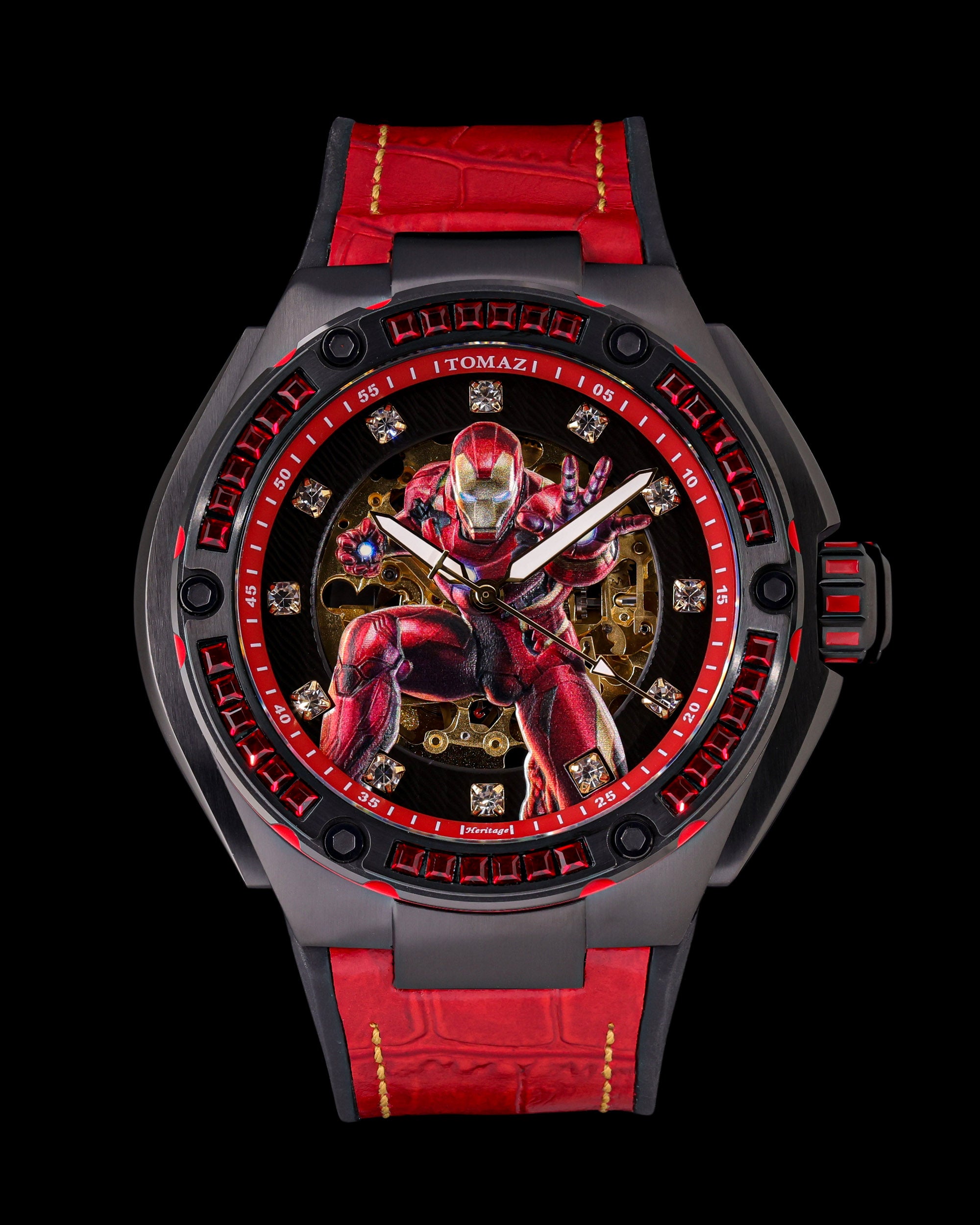 Marvel Iron Man TW037A-D2 (Black/Red) with Red Swarovski Crystal (Red Silicone with Leather Bamboo Strap)