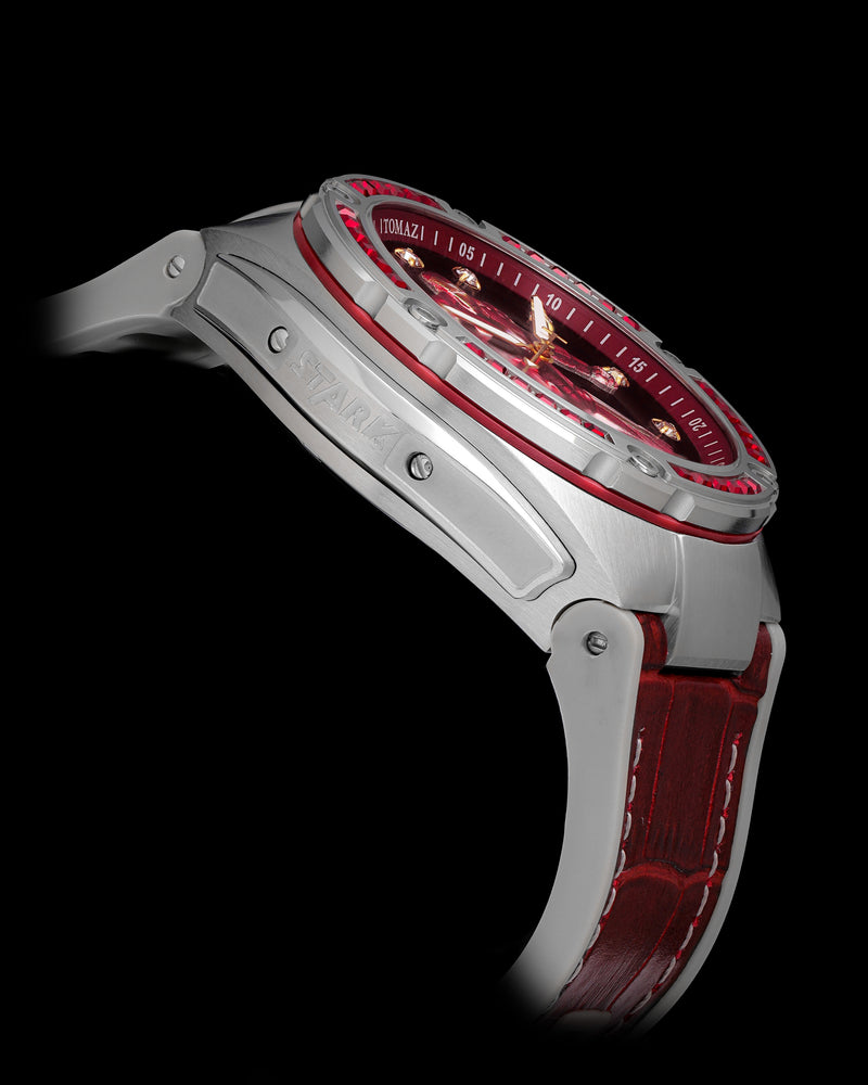 
                  
                    Load image into Gallery viewer, Marvel Iron Man TW037A-D4 (Silver/Red) with Red Swarovski Crystal (Red/Gray Silicone with Leather Bamboo Strap)
                  
                