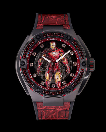 Marvel Iron Man TW037A-D5 (Black/Maroon) with Maroon Swarovski Crystal (Red Silicone with Leather Bamboo Strap)