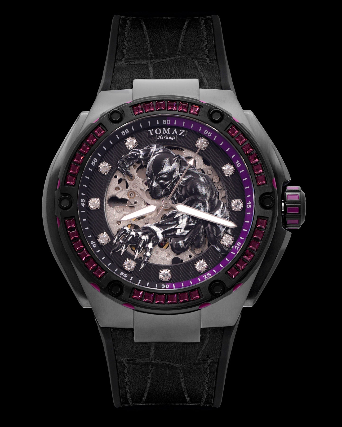 Marvel Black Panther TW037K-D2 (Metal Gun/Purple/Black) with Purple Crystal (Black Silicone with Leather Bamboo Strap)