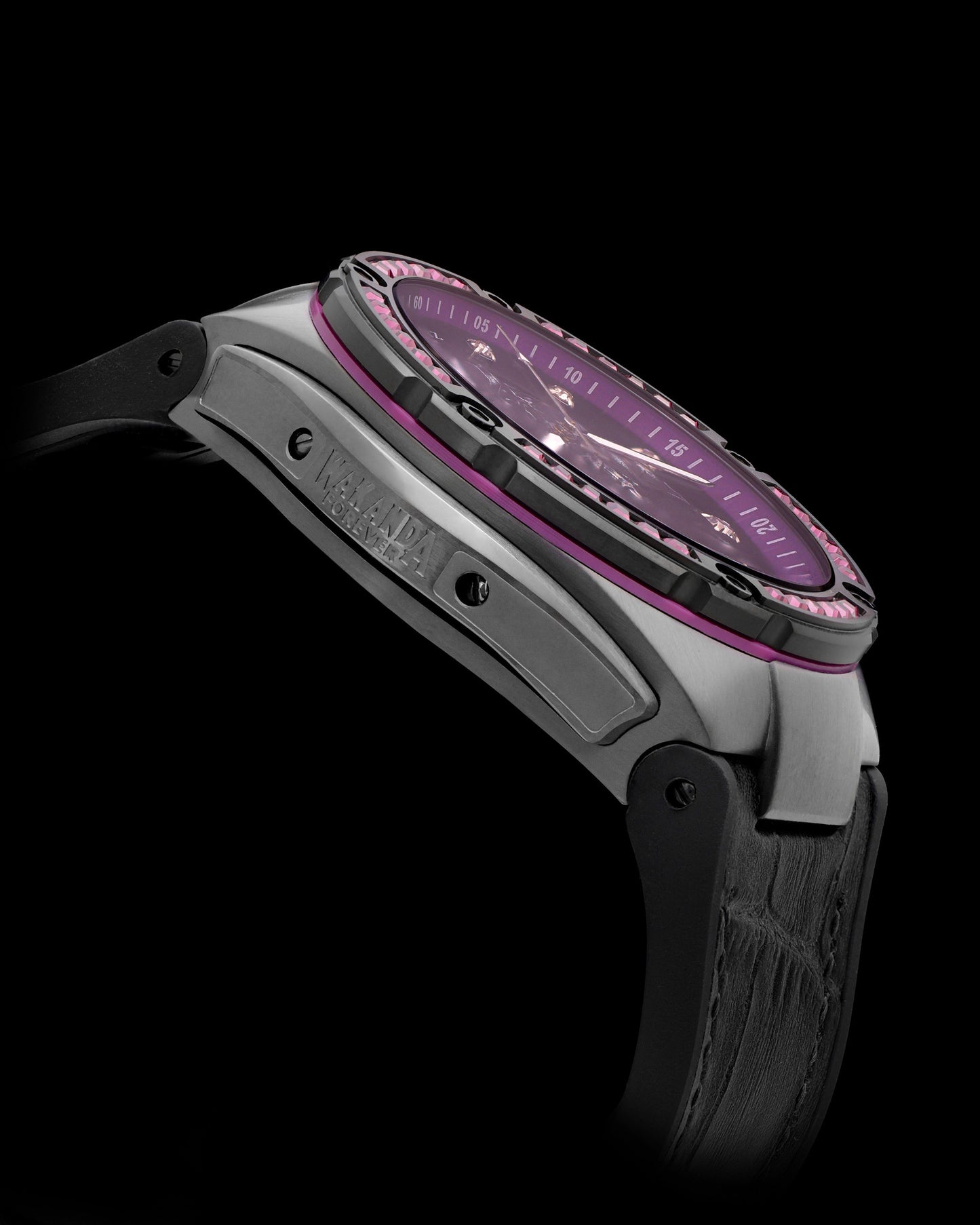 Marvel Black Panther TW037K-D2 (Metal Gun/Purple/Black) with Purple Crystal (Black Silicone with Leather Bamboo Strap)