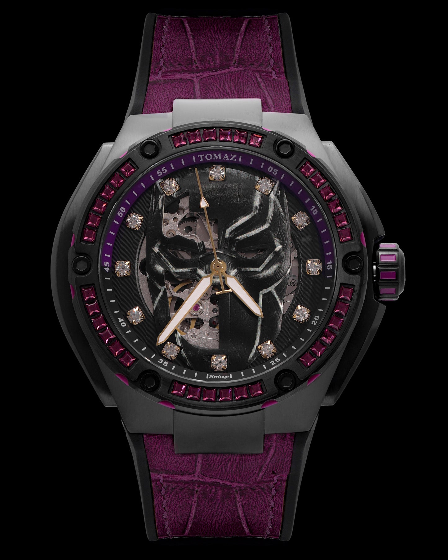 Marvel Black Panther TW037K-D1 (Metal Gun/Black) with Purple Swarovski Crystal (Purple Silicone with Leather Bamboo Strap)