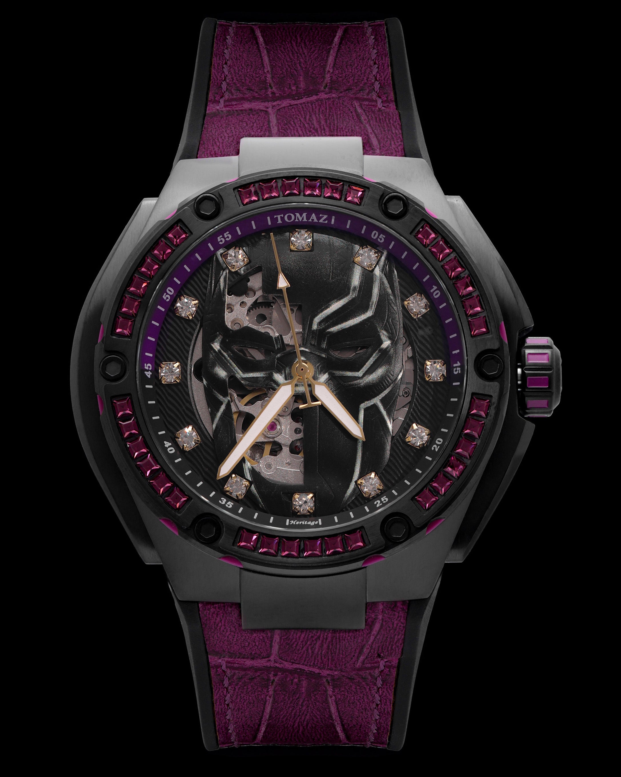 Marvel Black Panther TW037K-D1 (Black/Purple) with Purple Crystal (Purple Silicone with Leather Bamboo Strap)