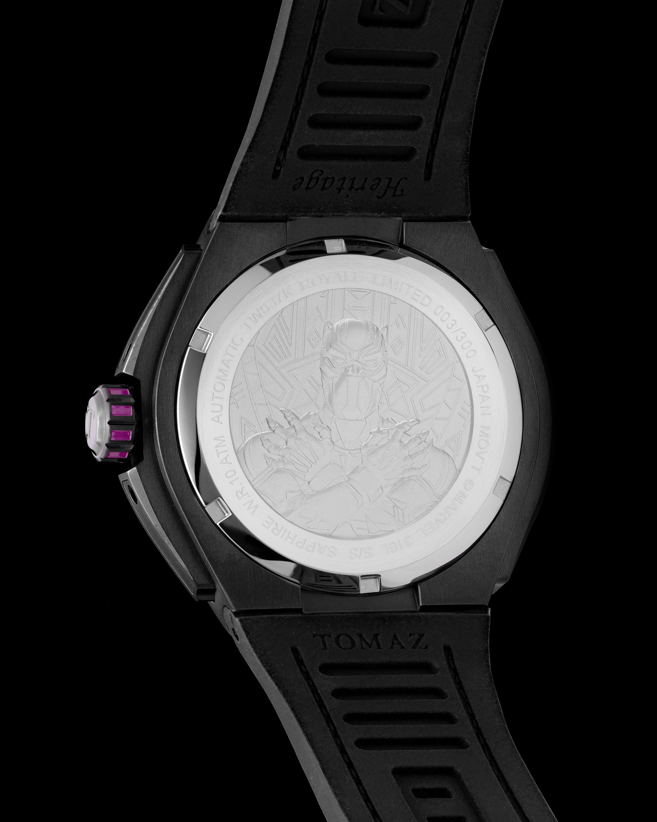 Marvel Black Panther TW037K-D1 (Black/Purple) with Purple Crystal (Purple Silicone with Leather Bamboo Strap)