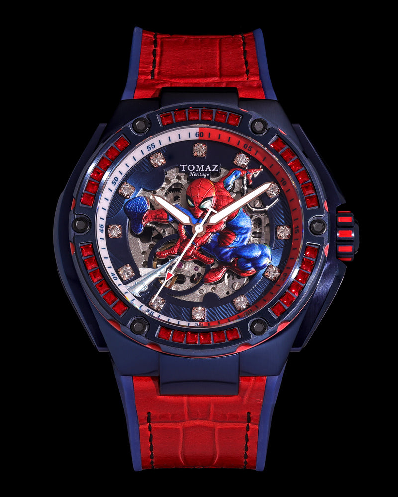 Marvel Spider-Man TW037M-D1 (Navy/Red) with Red Swarovski Crystal (Red Silicone with Leather Bamboo Strap)
