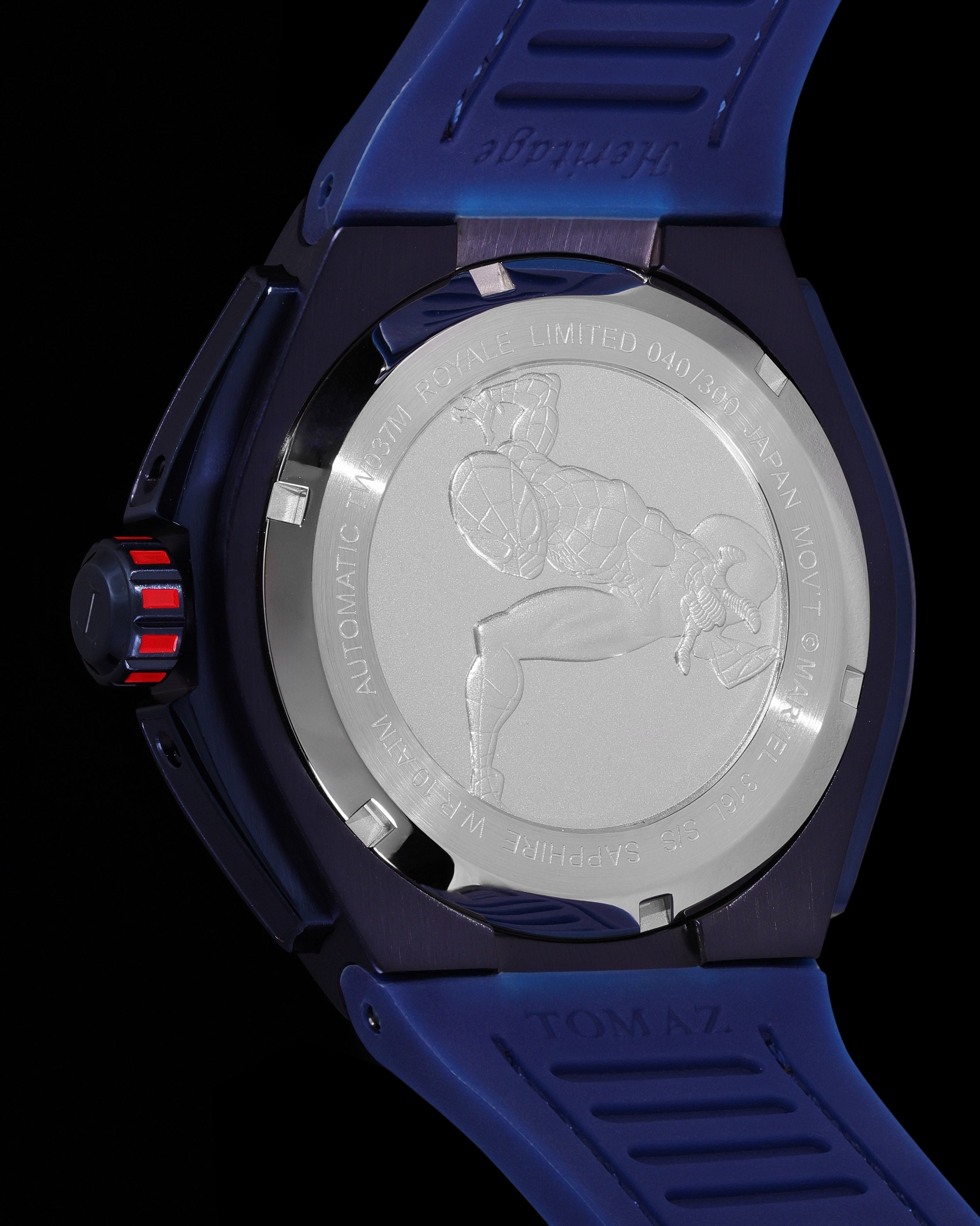 Marvel Spider-Man TW037M-D1 (Navy/Red) with Red Swarovski Crystal (Red Silicone with Leather Bamboo Strap)