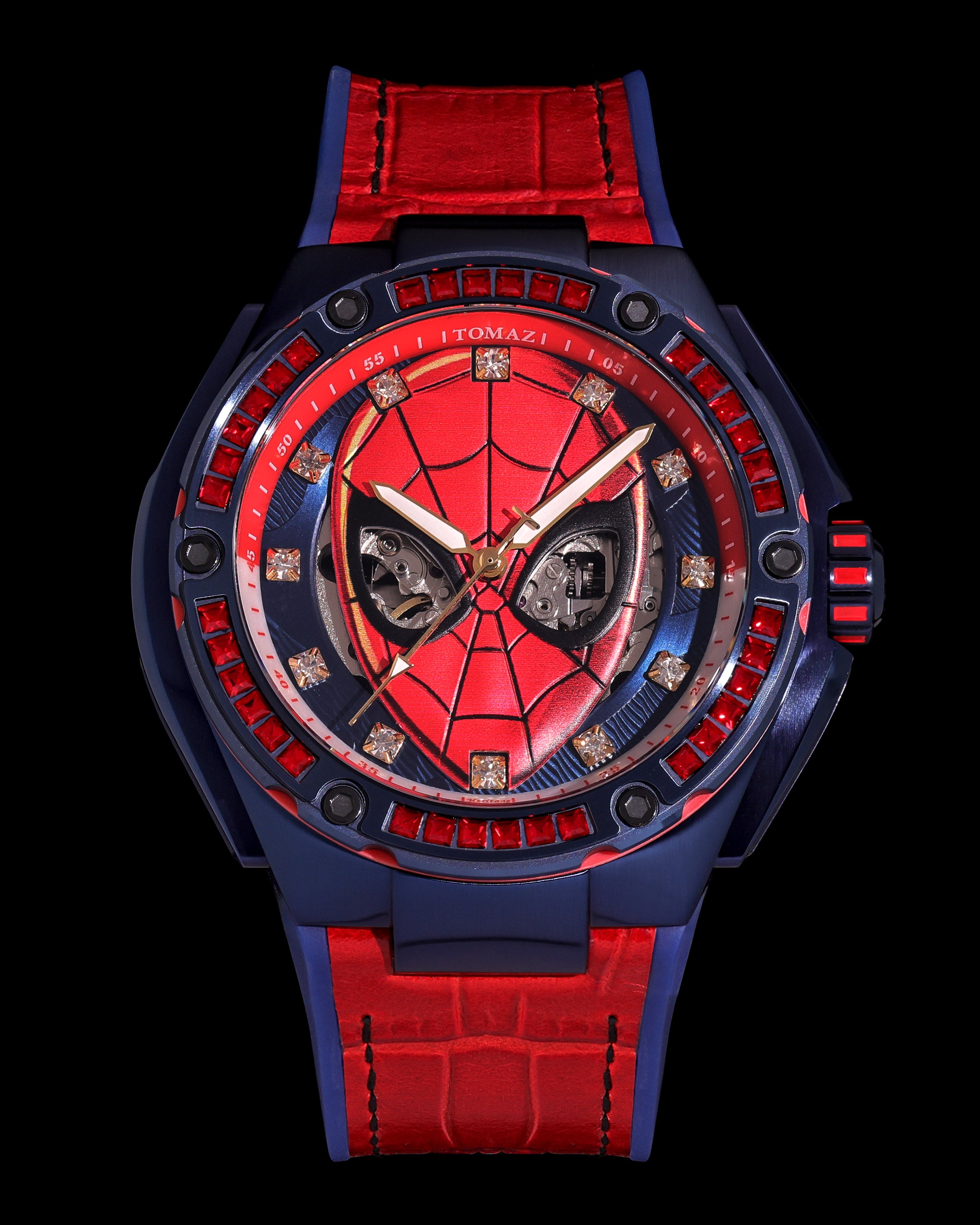 Marvel Spider-Man TW037M-D3 (Navy/Red) with Red Swarovski Crystal (Red Silicone with Leather Bamboo Strap)