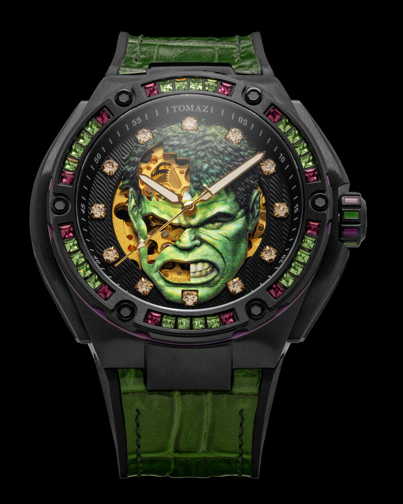 Marvel Hulk TW037O-D1 (Black) with Purple Green Swarovski Crystal (Green Bamboo Silicone with Leather Bamboo Strap)