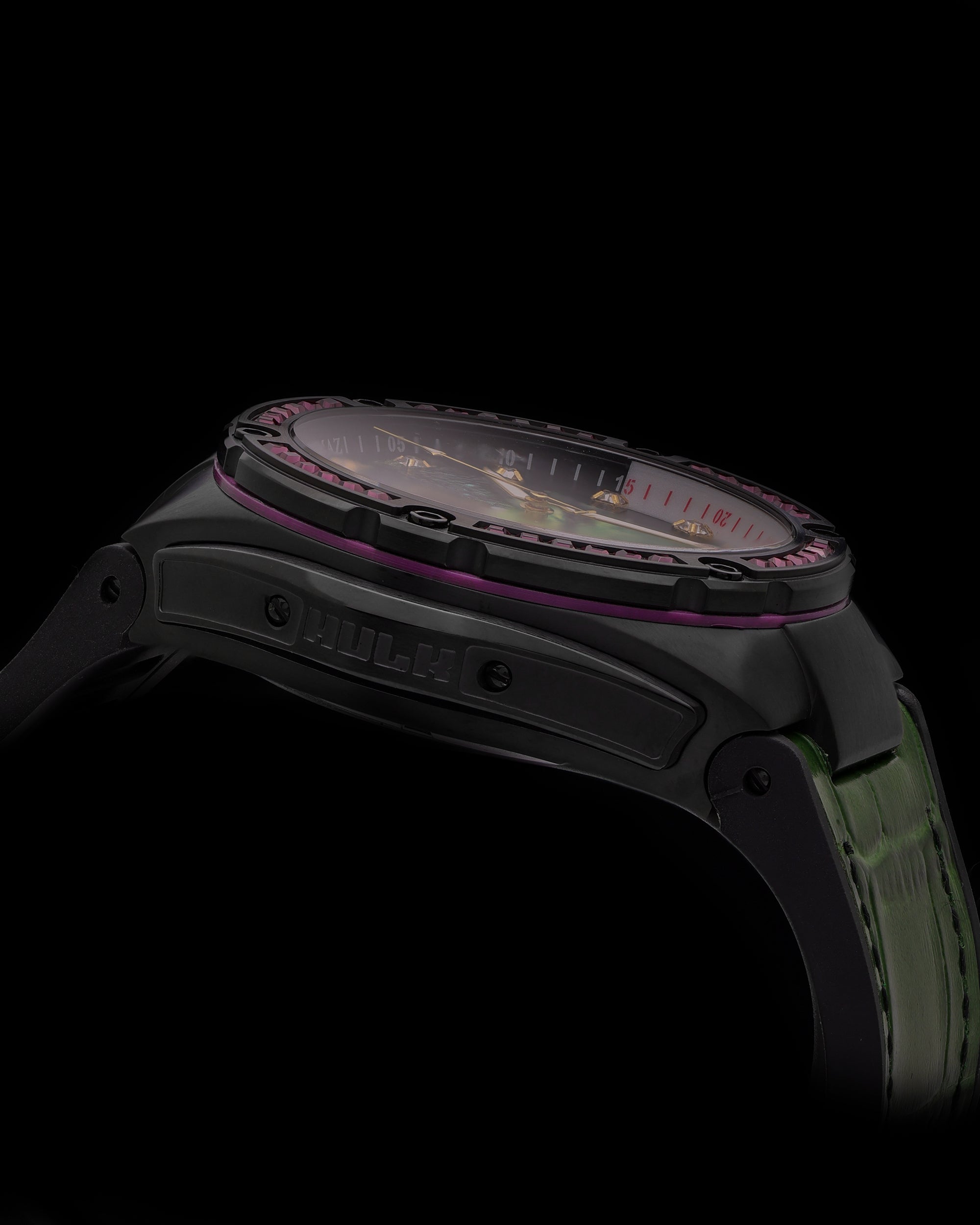 Marvel Hulk TW037O-D1 (Black) with Purple Green Swarovski Crystal (Green Bamboo Silicone with Leather Bamboo Strap)