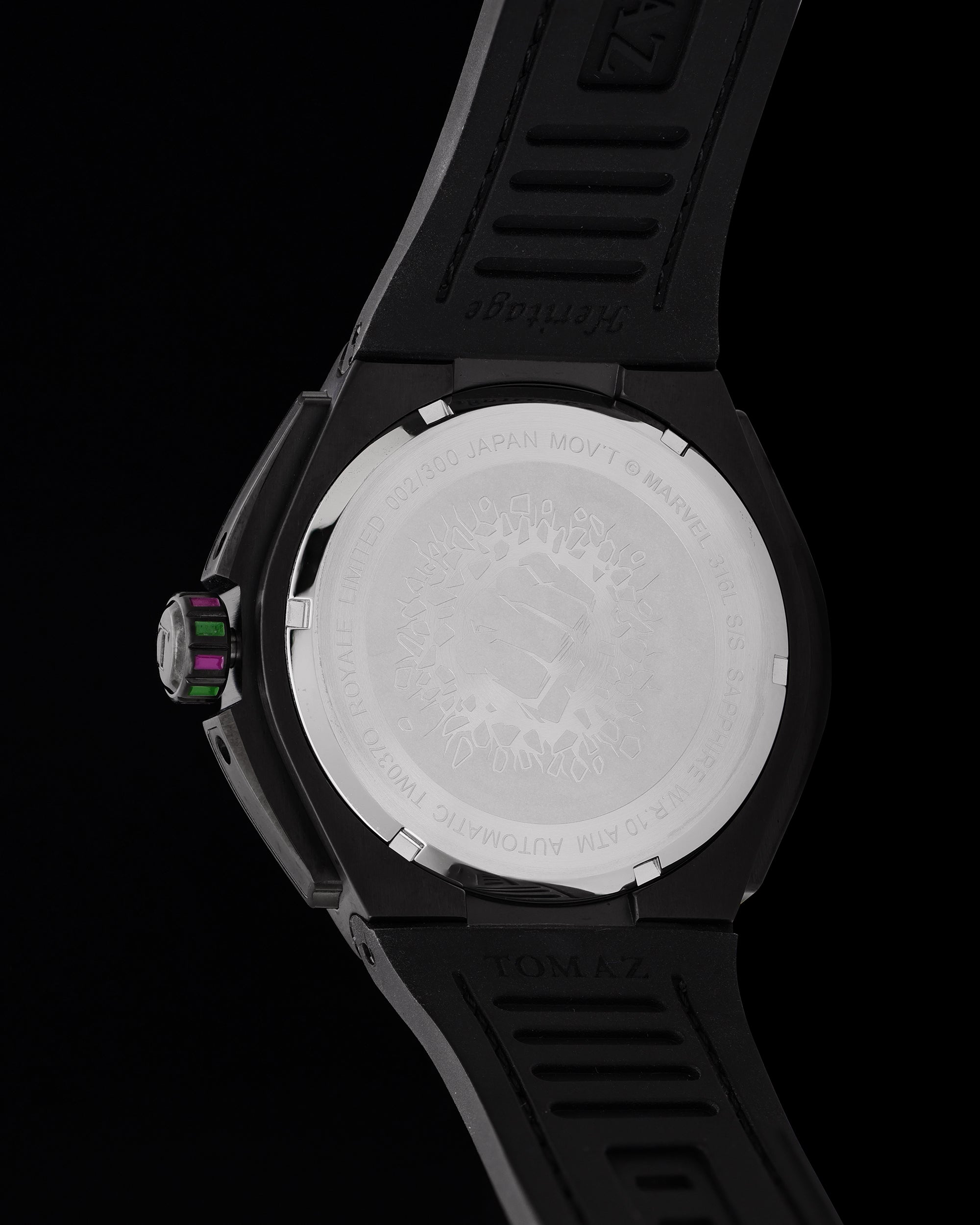 Marvel Hulk TW037O-D1 (Black) with Purple Green Swarovski Crystal (Green Bamboo Silicone with Leather Bamboo Strap)