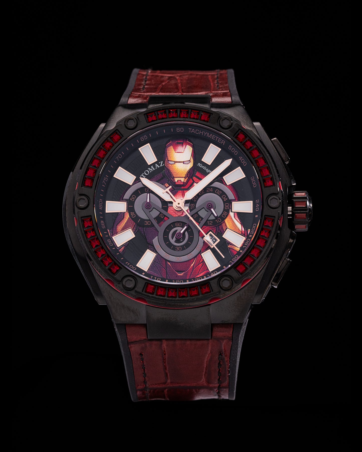 Marvel Iron Man TQ037B-D1 (Black/Red) with Red Swarovski Crystal (Red Silicone with Leather Bamboo Strap)