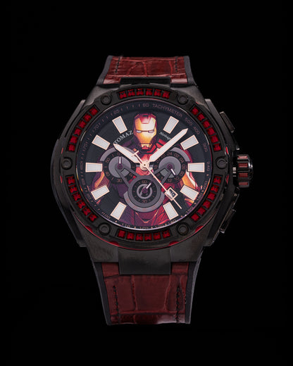 Marvel Iron Man TQ037B-D1 (Black/Red) with Red Swarovski Crystal (Red Silicone with Leather Bamboo Strap)