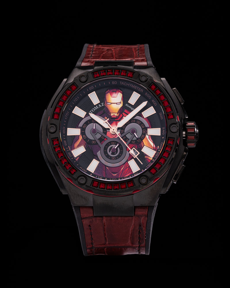 
                  
                    Load image into Gallery viewer, Marvel Iron Man TQ037B-D1 (Black/Red) with Red Swarovski Crystal (Red Silicone with Leather Bamboo Strap)
                  
                
