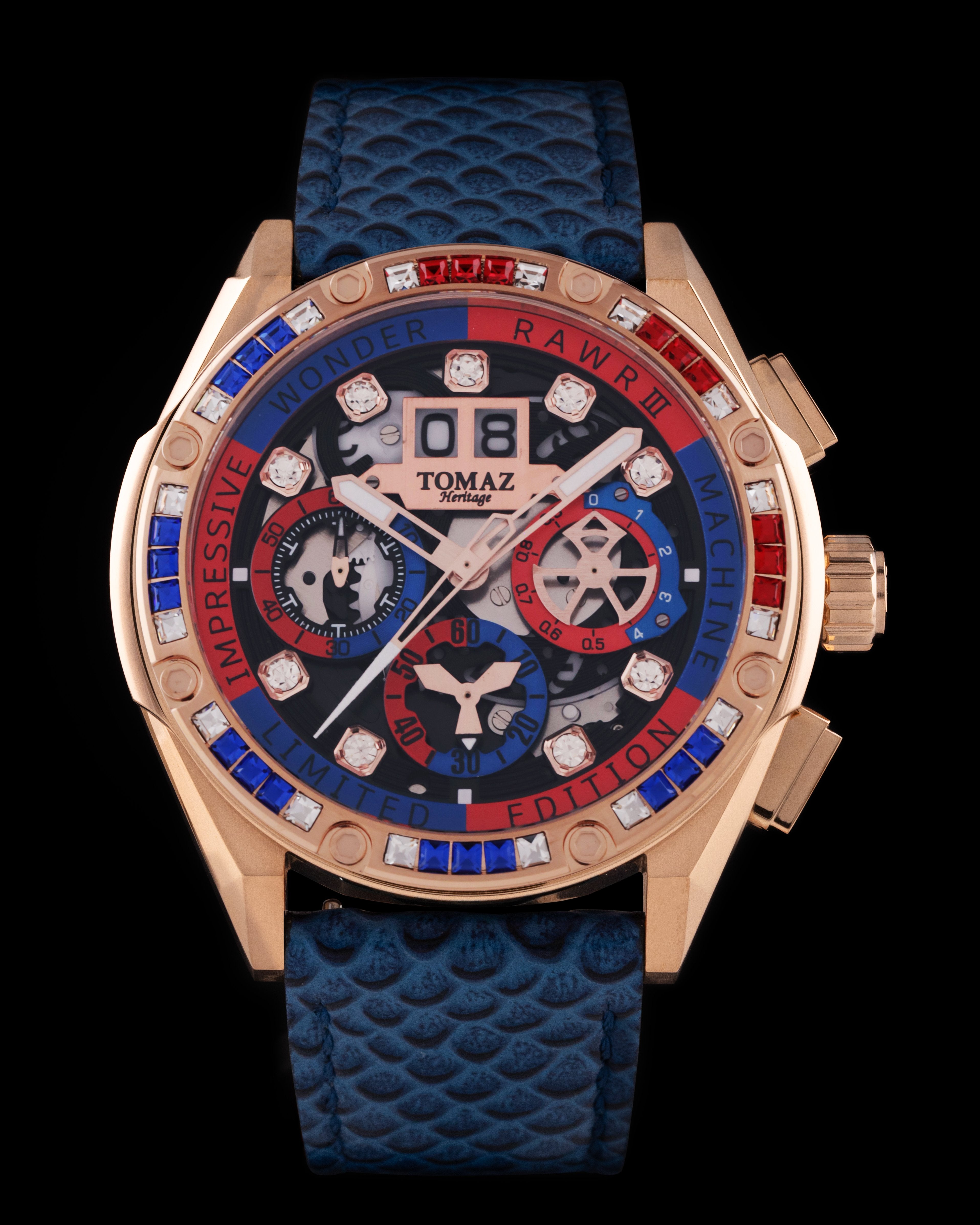 RAWR III TW024I-D9 (Rosegold) with Blue Red Swarovski (Blue Salmon Leather Strap)