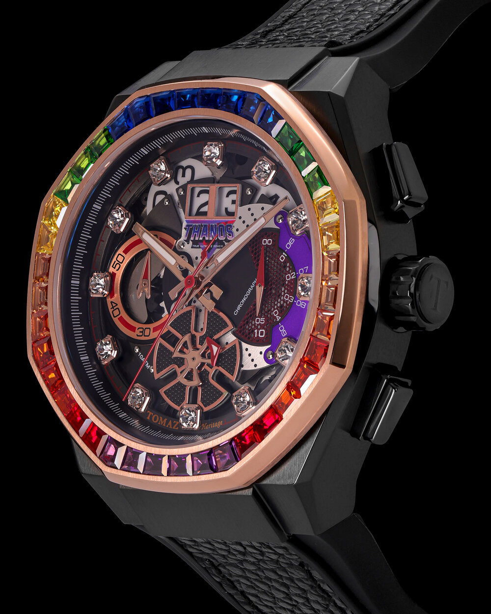 Marvel Thanos TQ023I-D1 (Black/Rosegold) with Rainbow Crystal (Black Leather with Silicone Strap)