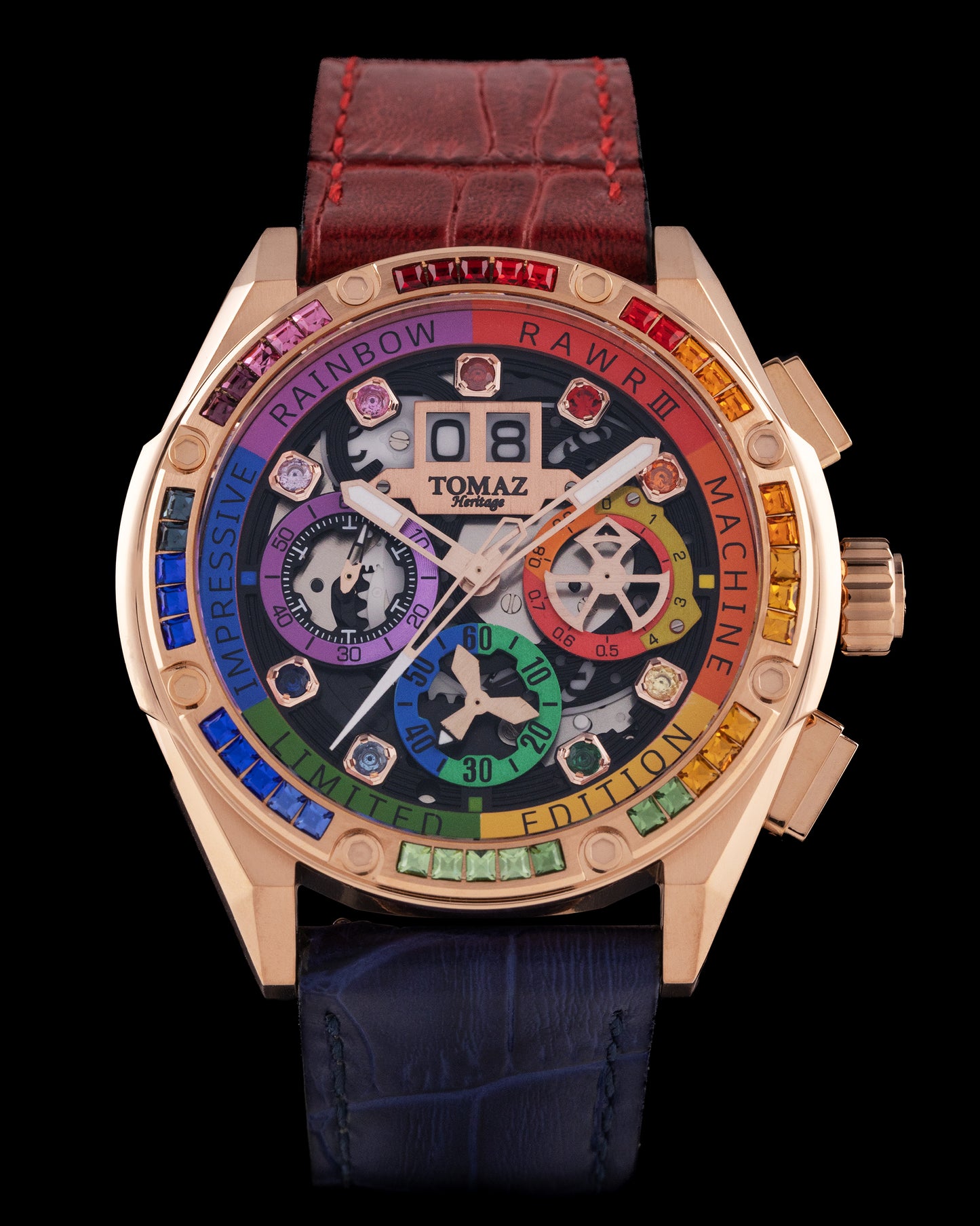 RAWR III TW024I-D1 (Rosegold) with Rainbow Swarovski (Blue/Red Bamboo Leather Strap)