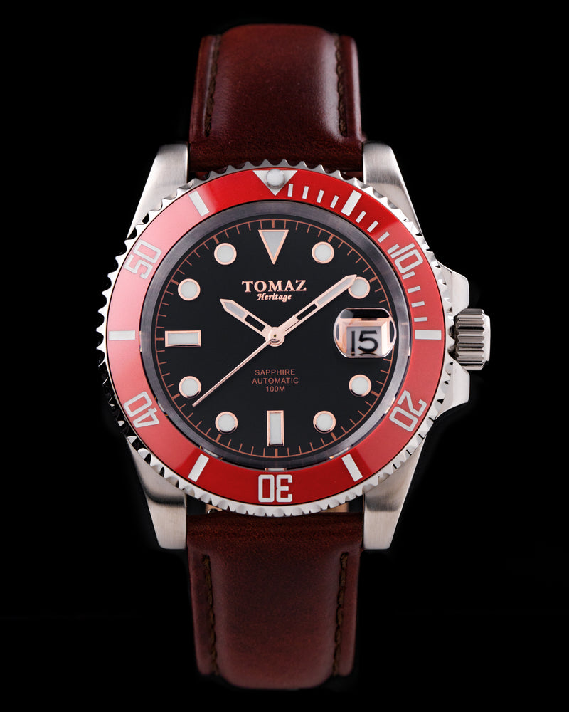 Tomaz Men's Watch GR01L-D1 (Silver/Black) Red Leather Strap